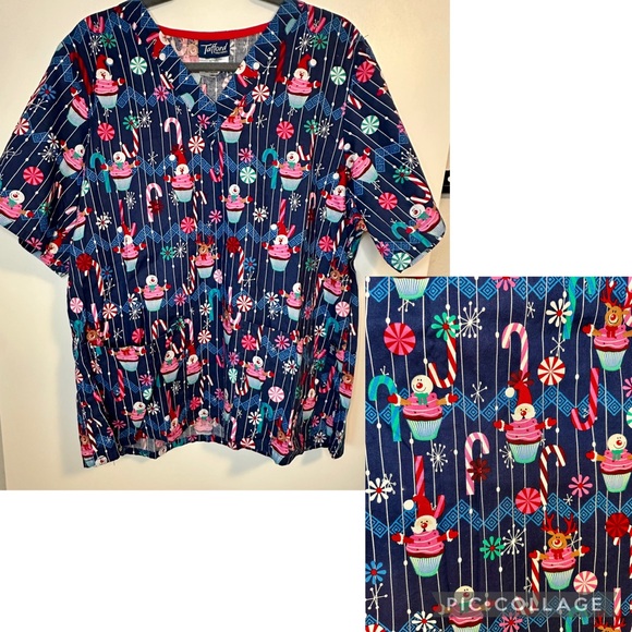 Tafford Scrub Top Christmas Santa Reindeers Snowman Cupcake Candy Cane Navy Lg - Picture 8 of 8